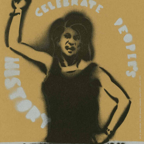 Yellow, black and white poster with the image of a woman, Sylvia Ray Rivera, holding up her arm in protest.